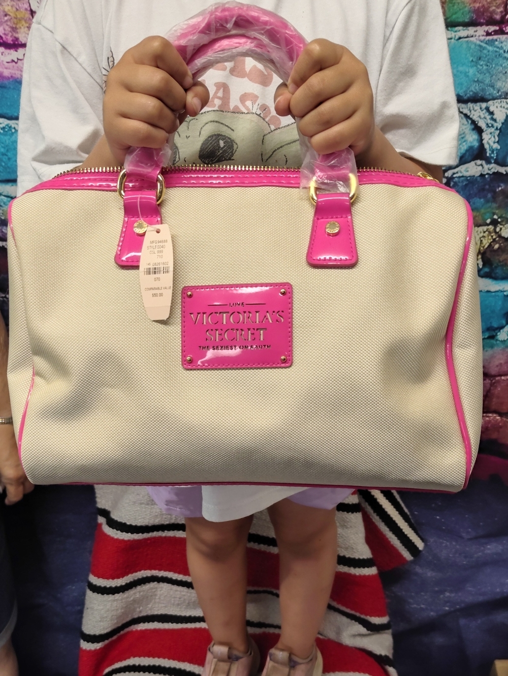 Victoria's Secret Cream Satchel with Hot Pink Trim